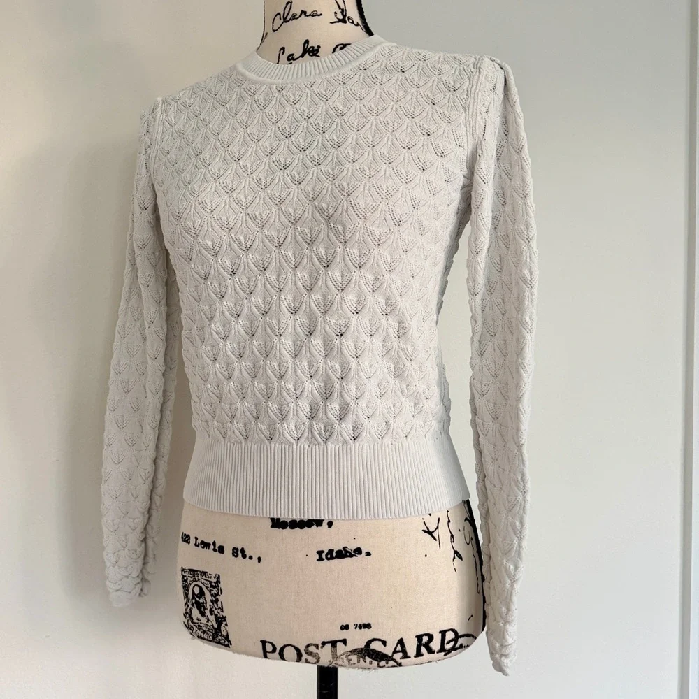 Club Monaco Sweater Pointelle Knit Sz S Ivory Ribbed Collar/Hem Quiet Luxurycore